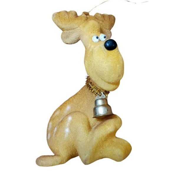 2 Vintage Flocked Moose Christmas Ornaments Reindeer Google Eyes Gold Bell 4.5" - Picture 7 of 16